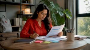 Woman reviewing Microsoft 365 Business plans at desk