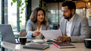 Businesswoman reviewing Microsoft partner documents in office